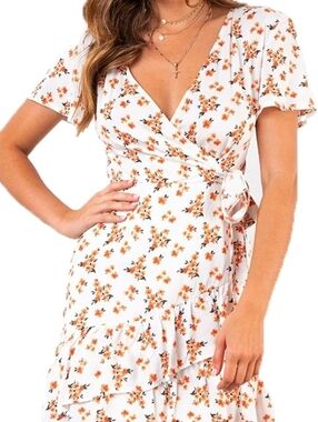 Floral Wrap Midi Dress in White with Orange Bloom
